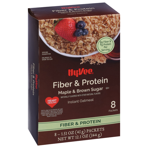 slide 1 of 1, Hy-Vee Fiber & Protein Maple & Brown Sugar Instant Oatmeal, 8-1.51 Oz, 12.1 oz