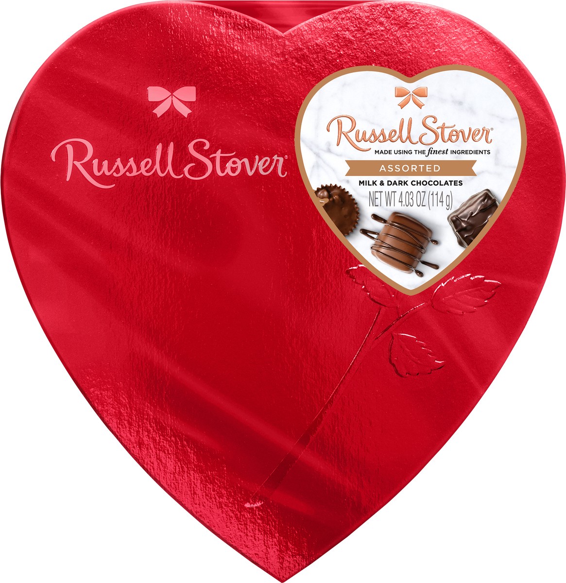 slide 3 of 7, RUSSELL STOVER Valentine's Day Red Foil Heart Assorted Milk & Dark Chocolate Gift Box, 4.03 oz. (7 pieces), 7 ct