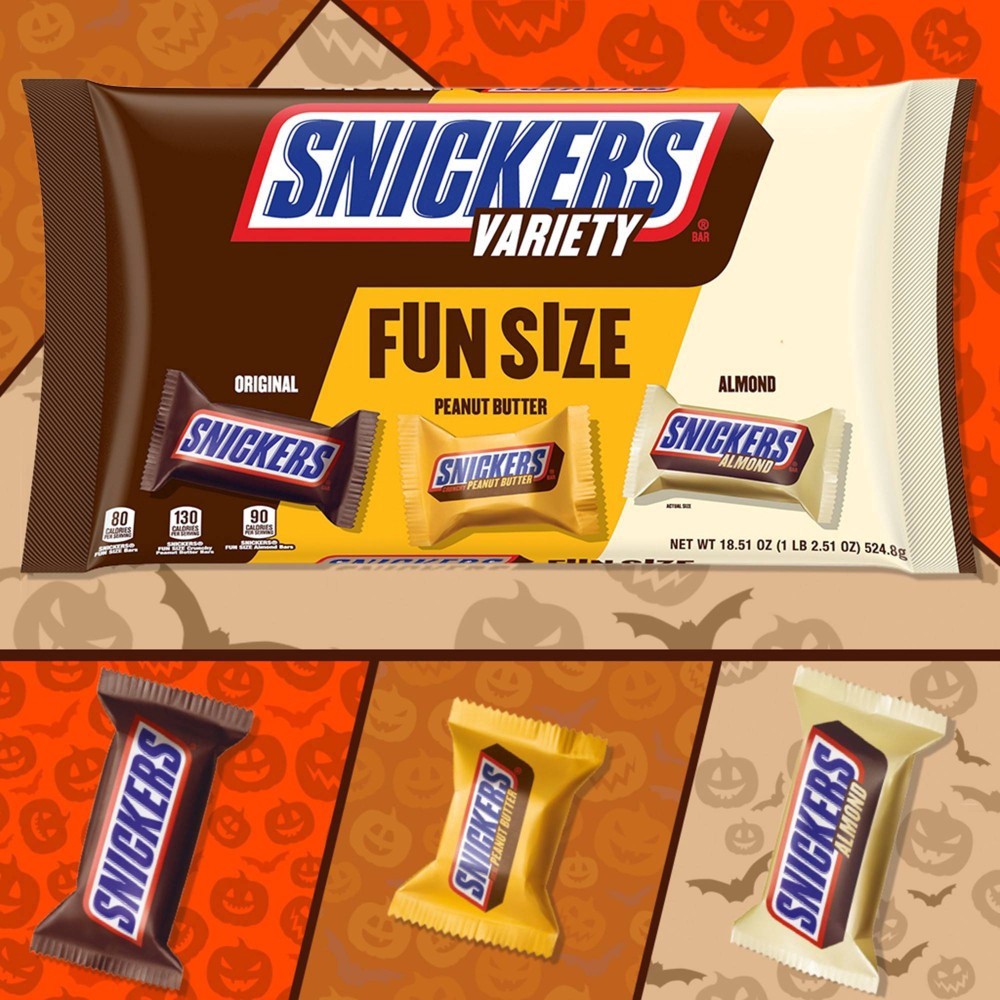 slide 3 of 6, Snickers Fun Size Halloween Mix Chocolate Candy Bars, 18.51 oz. Bag, 18.51 oz