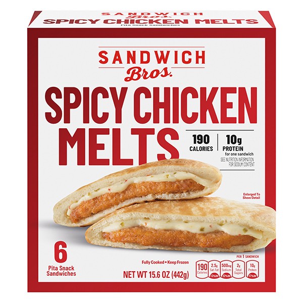 slide 1 of 3, Sandwich Bros. Sandwich Bros Spicy Chicken Melt, Frozen Pita Pocket Sandwiches, Frozen Meal, 6 Count, 15.6 oz, 6 ct