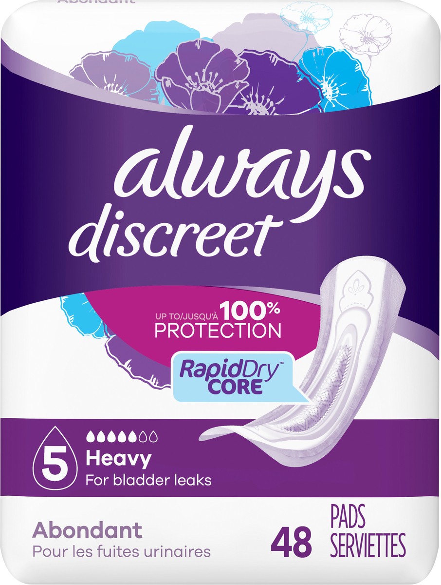 slide 2 of 2, Always Discreet Adult Incontinence Pads for Women, Heavy Absorbency, Regular Length, Postpartum Pads, 48 CT, 48 ct