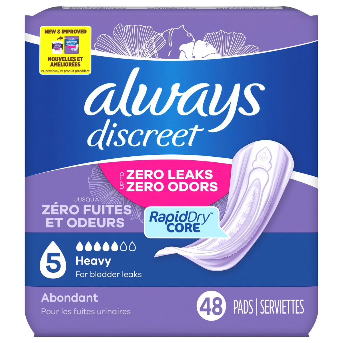 slide 1 of 2, Always Discreet Adult Incontinence Pads for Women, Heavy Absorbency, Regular Length, Postpartum Pads, 48 CT, 48 ct