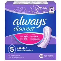 Always Discreet Adult Incontinence Pads for Women, Heavy Absorbency, Regular Length, Postpartum Pads, 48 CT