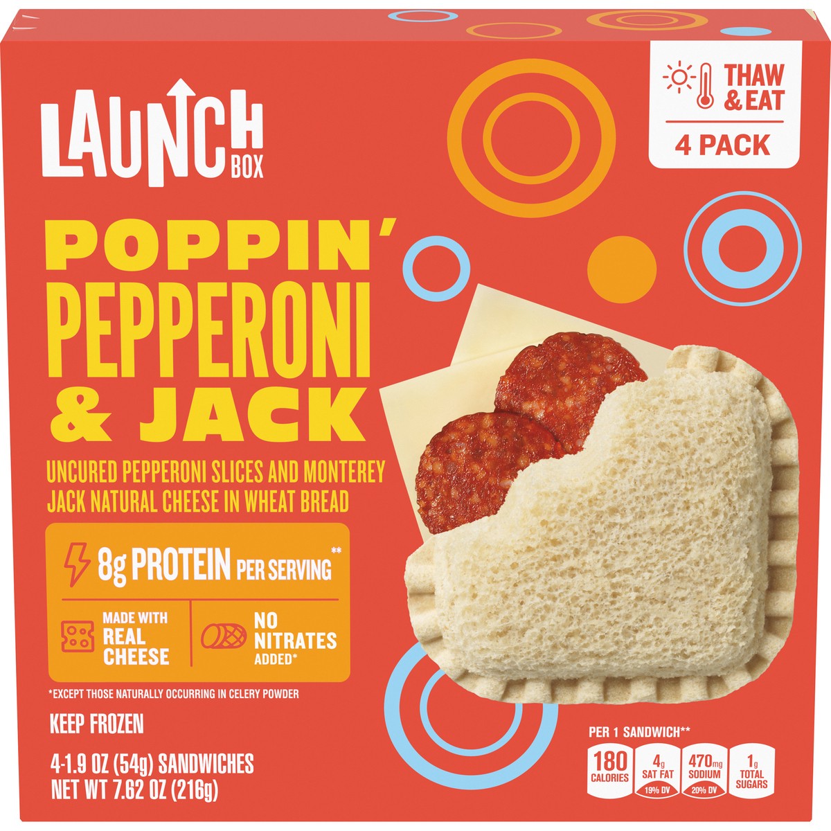 slide 1 of 13, LaunchBox Poppin' Pepperoni & Monterey Jack Cheese Frozen Sandwiches, 4 ct Box, 4 ct