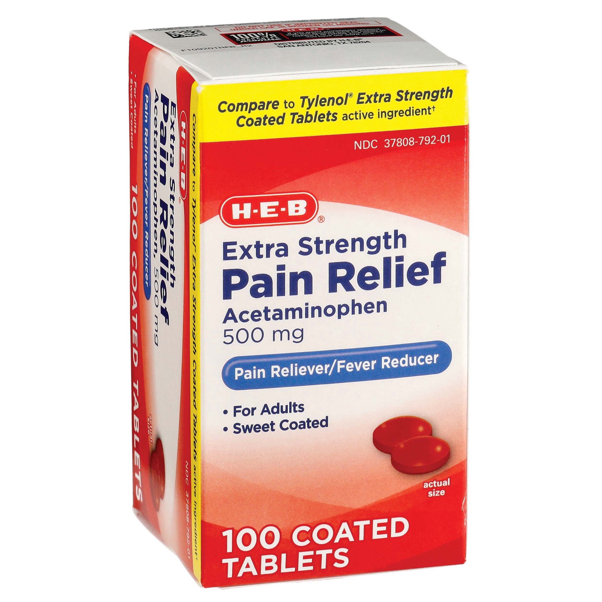 slide 1 of 1, H-E-B Extra Strength Pain Relief Acetaminophen Coated Tablets - 500 mg, 100 ct