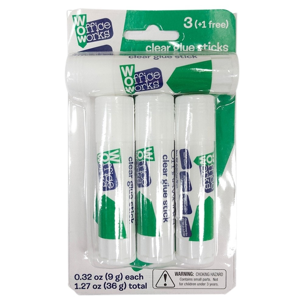 slide 1 of 1, Officeworks Clear Glue Sticks, 3 ct