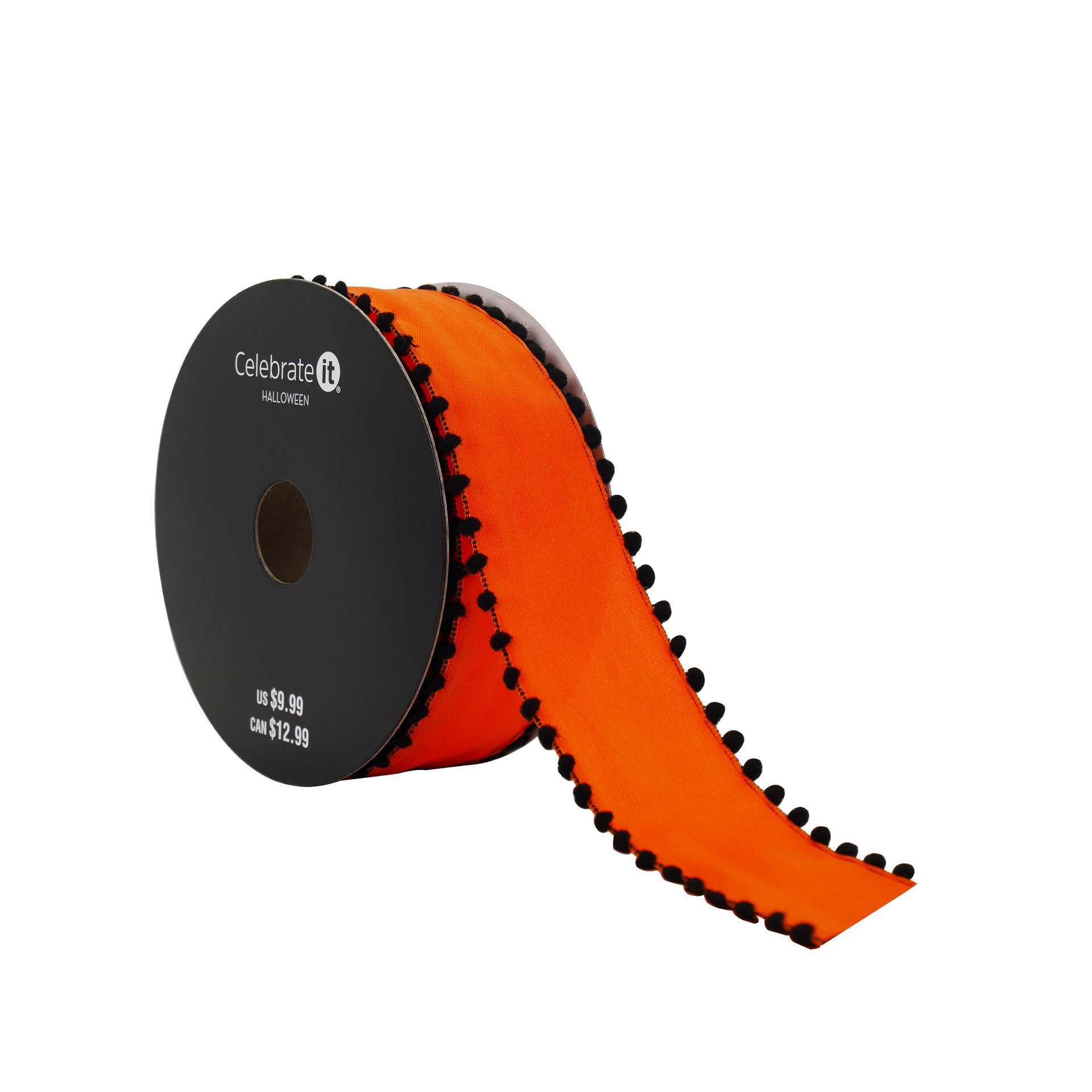 slide 3 of 3, 1.5" X 10yd. Orange & Black Pom Pom Edge Wired Taffeta Ribbon By Celebrate It Halloween, 1.5 in x 10 yd