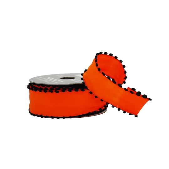 slide 1 of 3, 1.5" X 10yd. Orange & Black Pom Pom Edge Wired Taffeta Ribbon By Celebrate It Halloween, 1.5 in x 10 yd