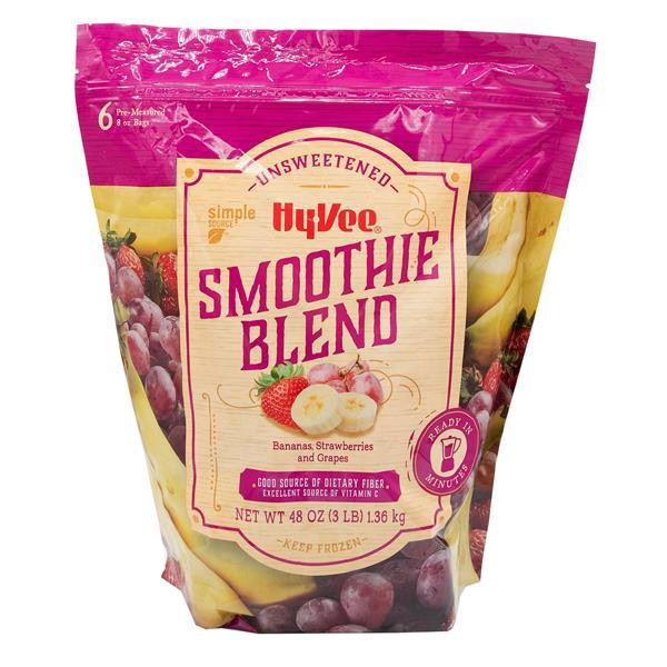 slide 1 of 1, Hy-Vee Smoothie Blend Bananas, Strawberries, & Grapes, 48 oz