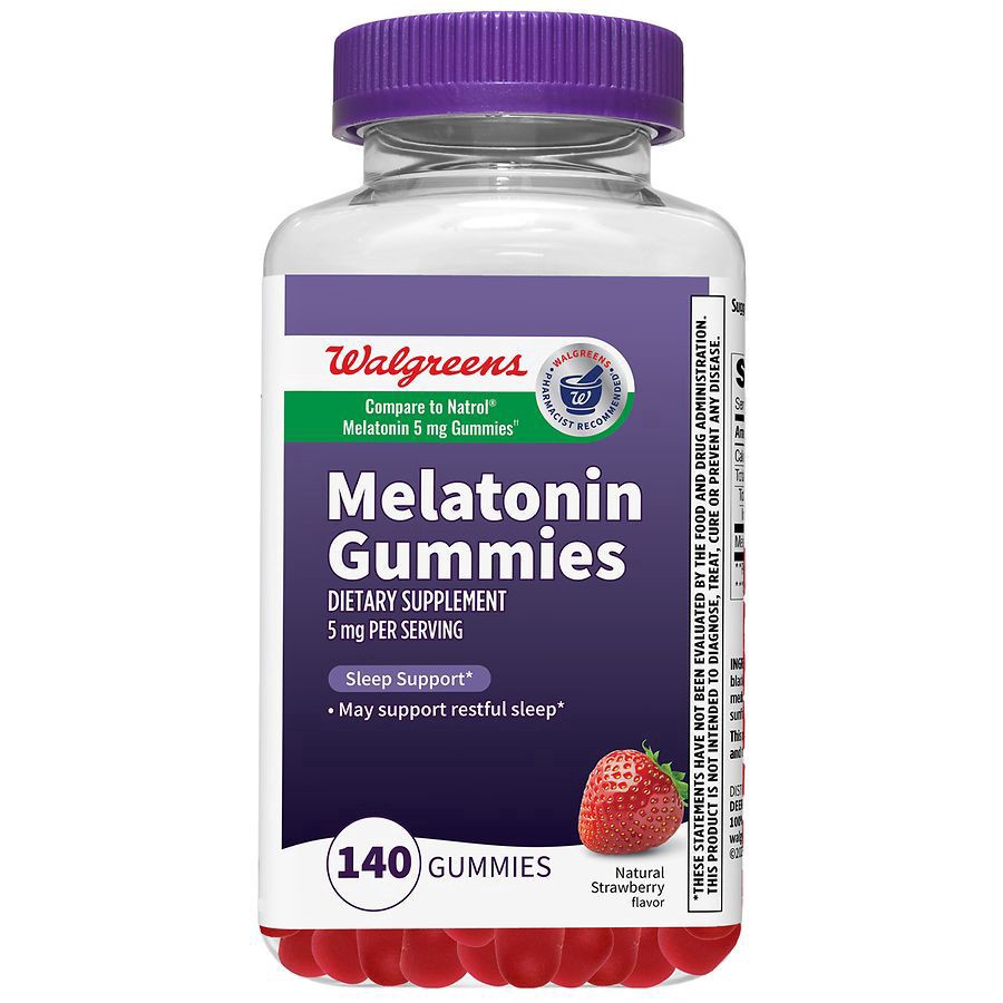 slide 1 of 5, Walgreens Melatonin 5 mg Gummies Natural Strawberry, 140 ct