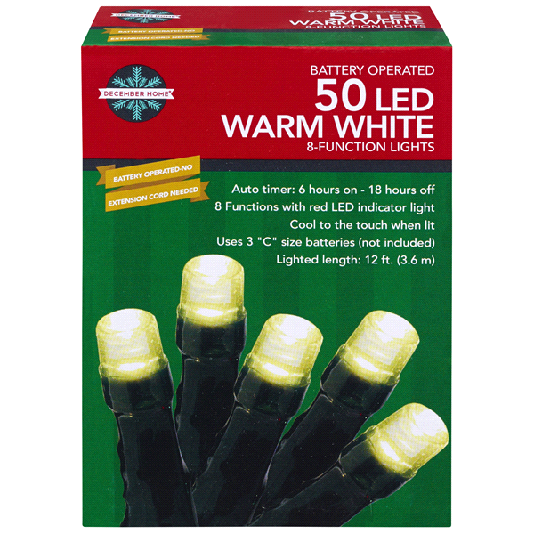 slide 1 of 1, December Home Battery Operated 8-Function LED Warm White Lights, 50 ct