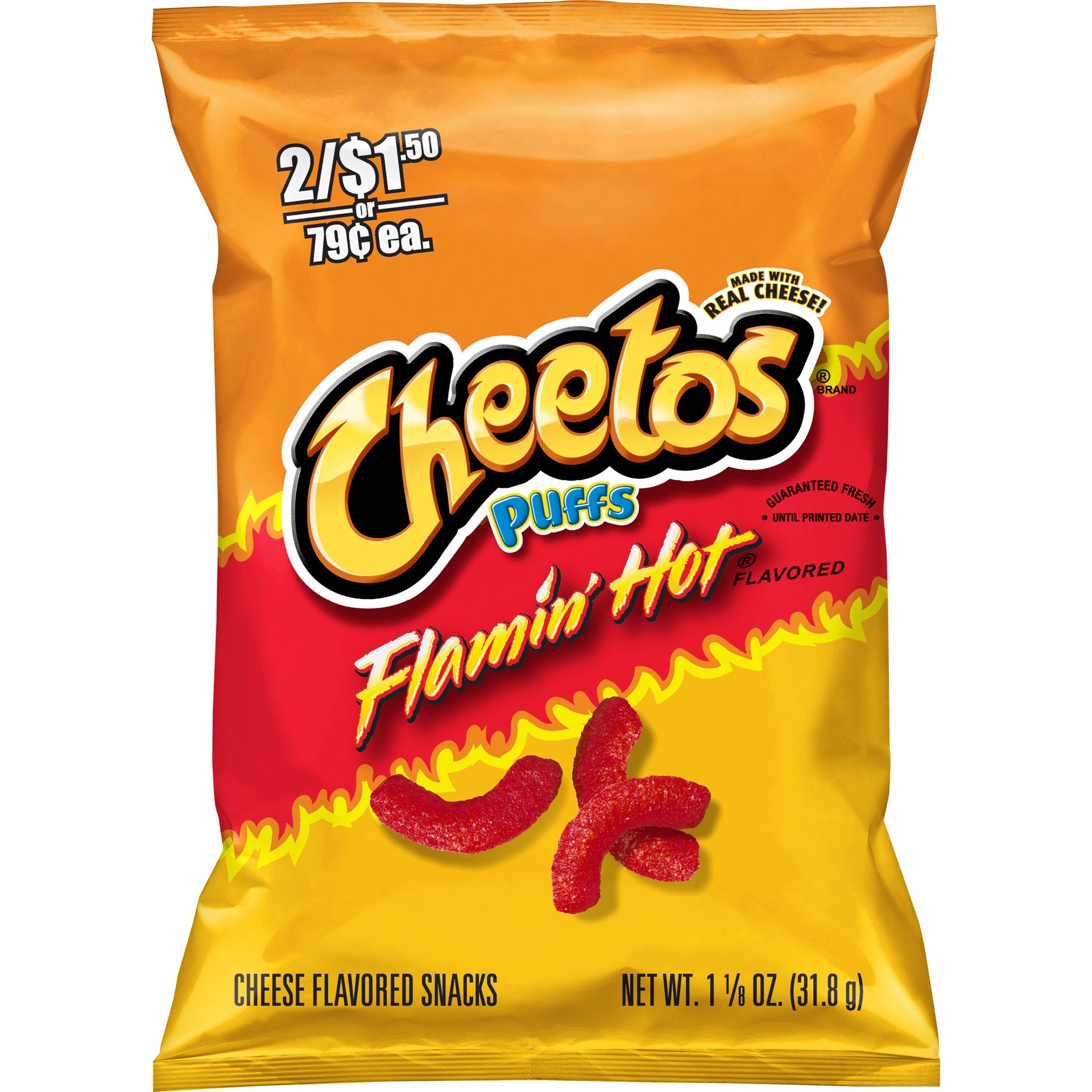 slide 1 of 5, Cheetos Snacks, Flamin' Hot Flavored, Puffs, 1.125 oz