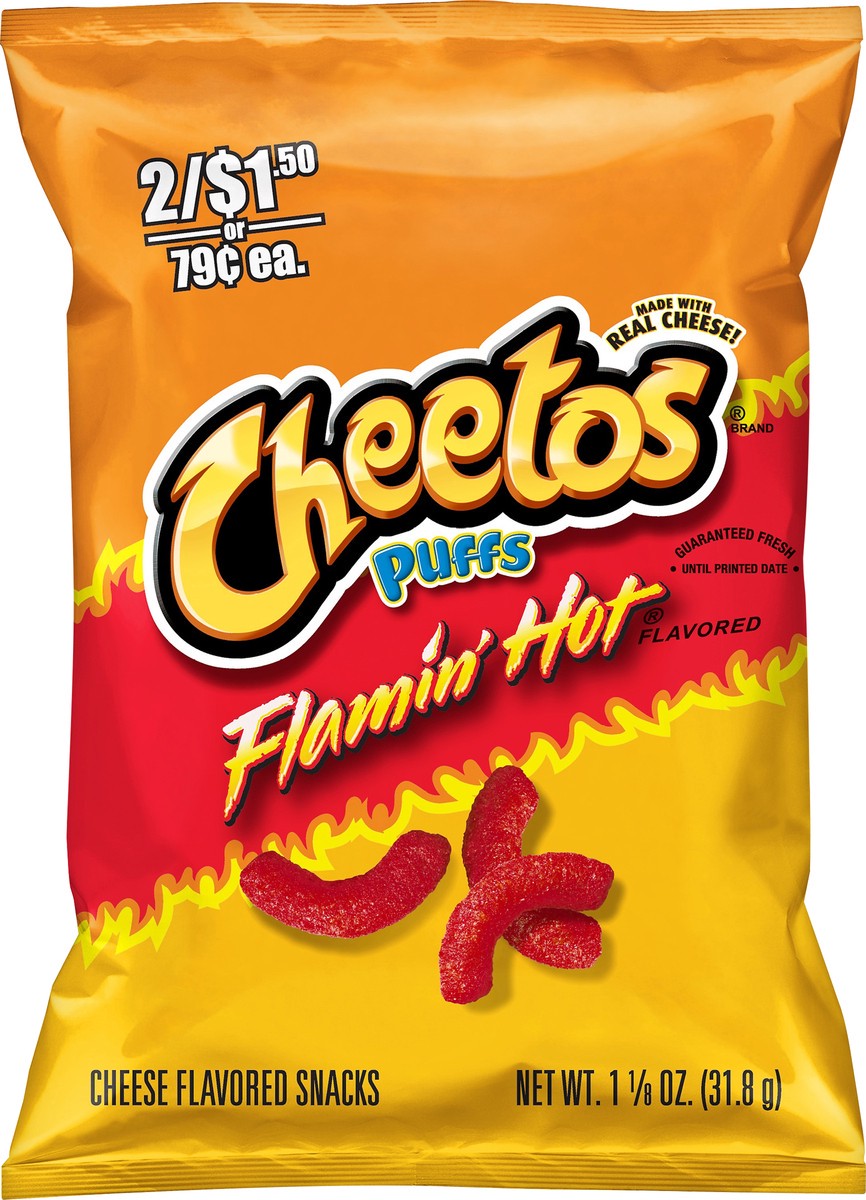 slide 4 of 5, Cheetos Snacks, Flamin' Hot Flavored, Puffs, 1.125 oz