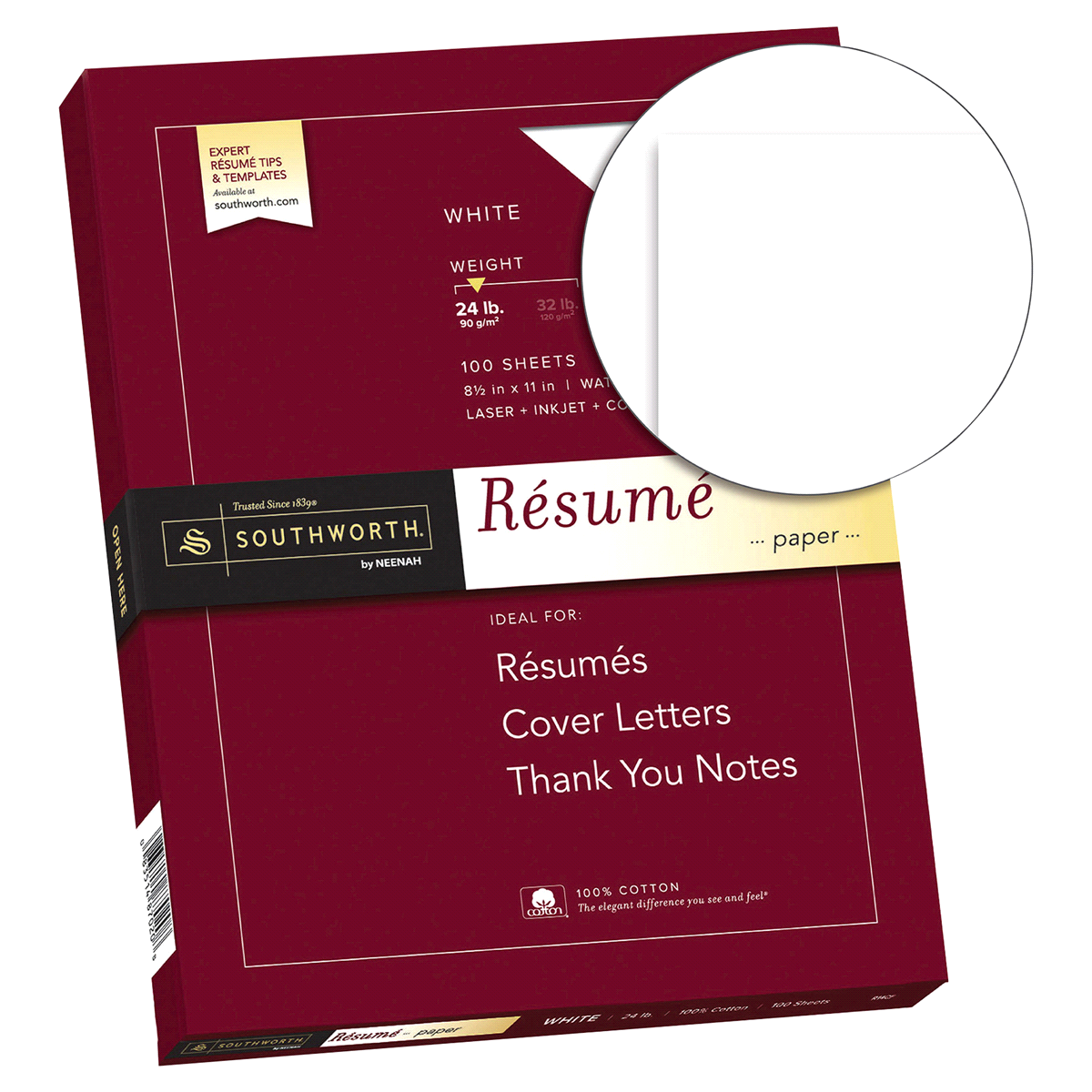 slide 4 of 4, Southworth Cotton Resume Paper - White, 100 ct