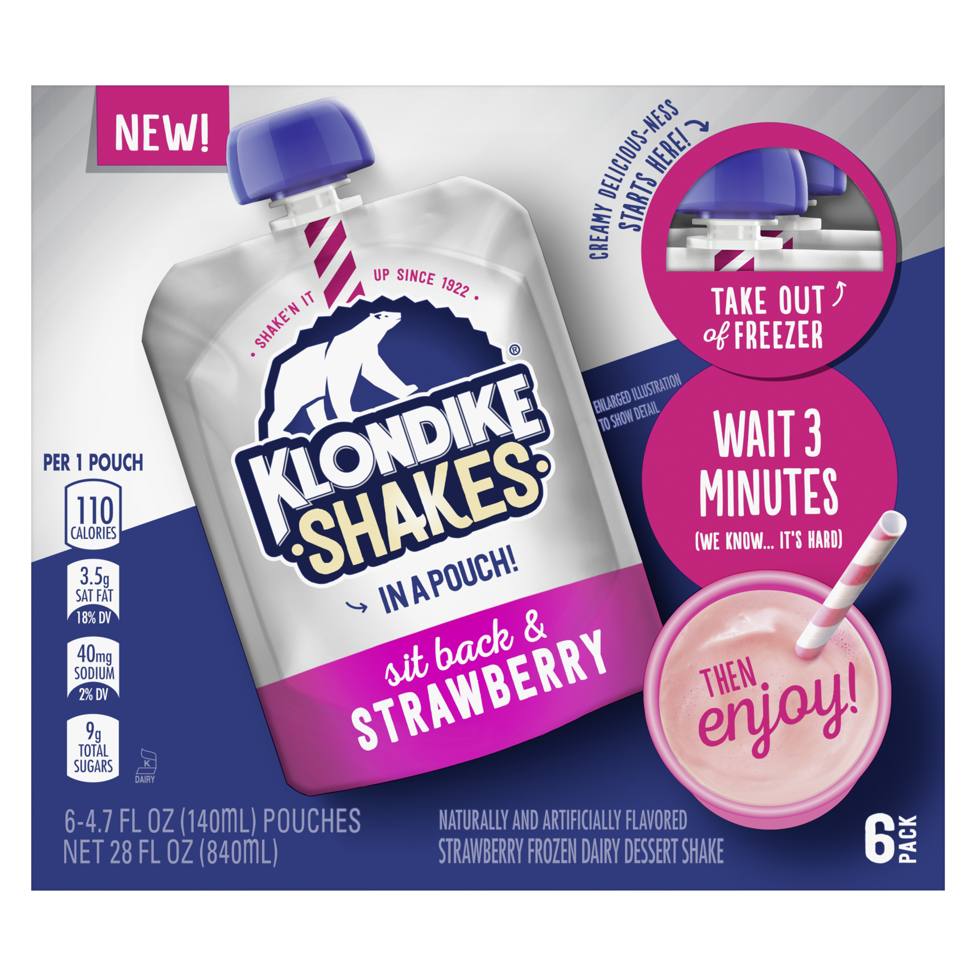slide 4 of 4, Klondike Shakes 6 Pack Sit Back & Strawberry Frozen Dairy Dessert Shakes 6 pouches 4.7 fl oz Pouch 6 ea Box, 4.70 fl oz