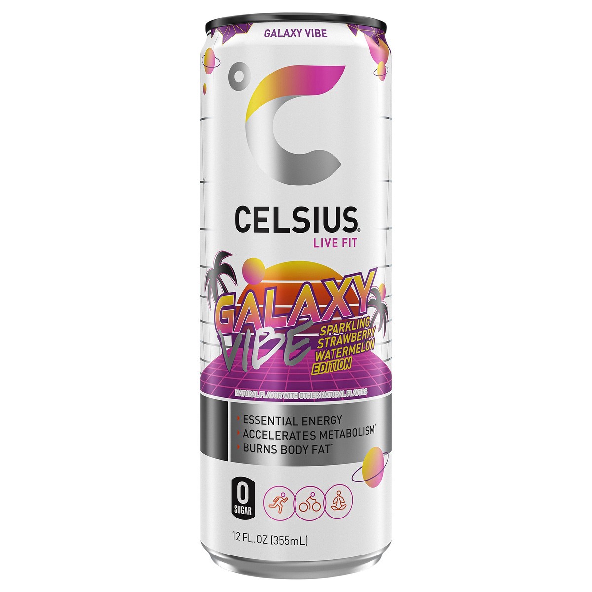 slide 1 of 8, CELSIUS Sparkling Galaxy Vibe, Functional Energy Drink 12 Fl Oz Single Can, 12 fl oz