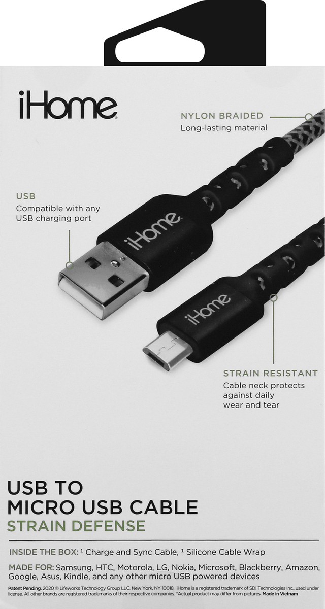slide 9 of 9, iHome 10 Feet Strain Defense USB to Micro USB Cable 1 ea, 1 ct