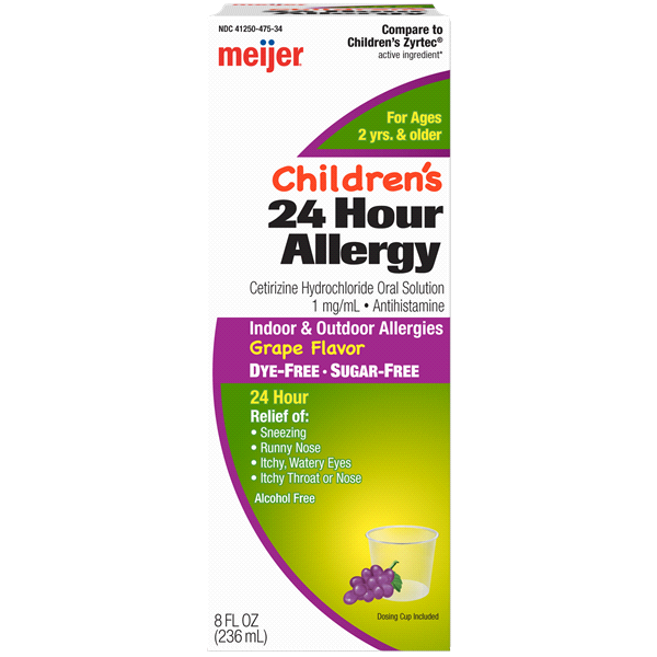 slide 1 of 29, Meijer Cetirizine Hydrochloride All Day Allergy Oral Solution /mL, Grape Flavor, 1 mg, 8 fl oz
