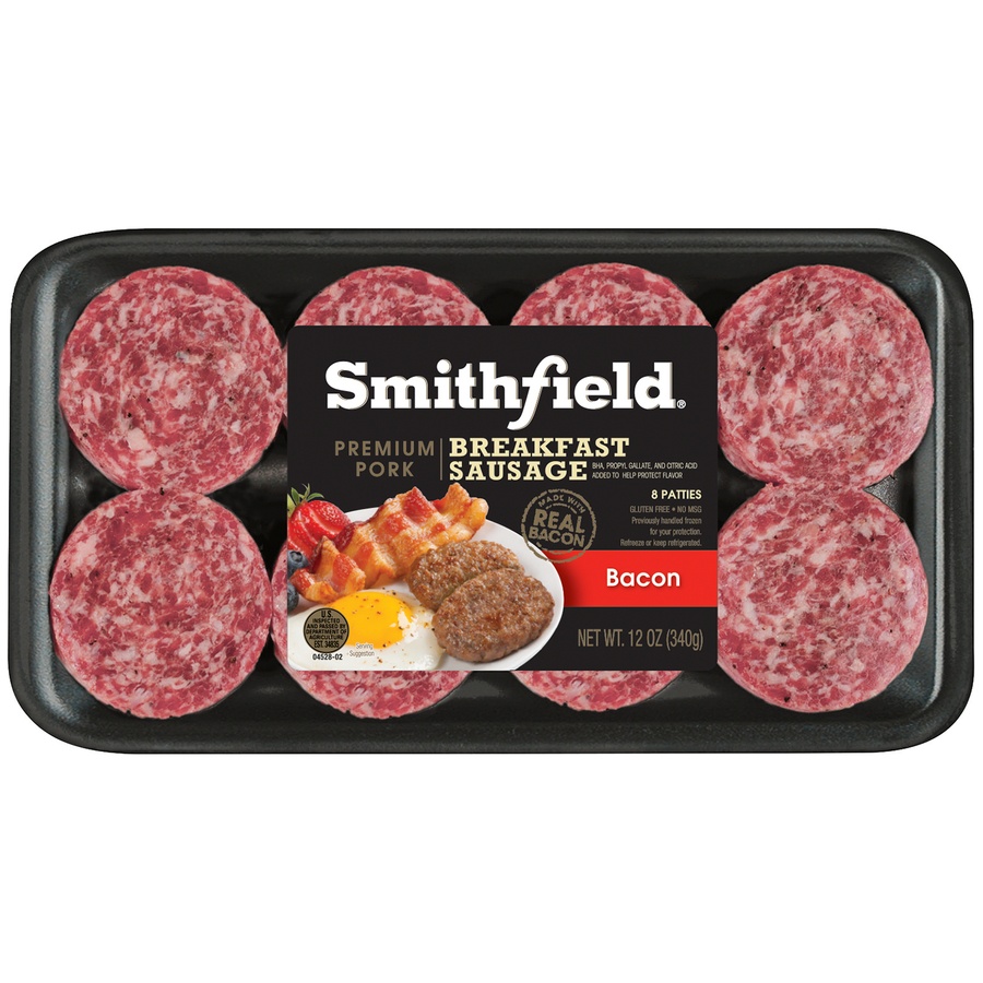 slide 1 of 3, Smithfield Bacon Pork Breakfast Sausage Patties, 12 oz