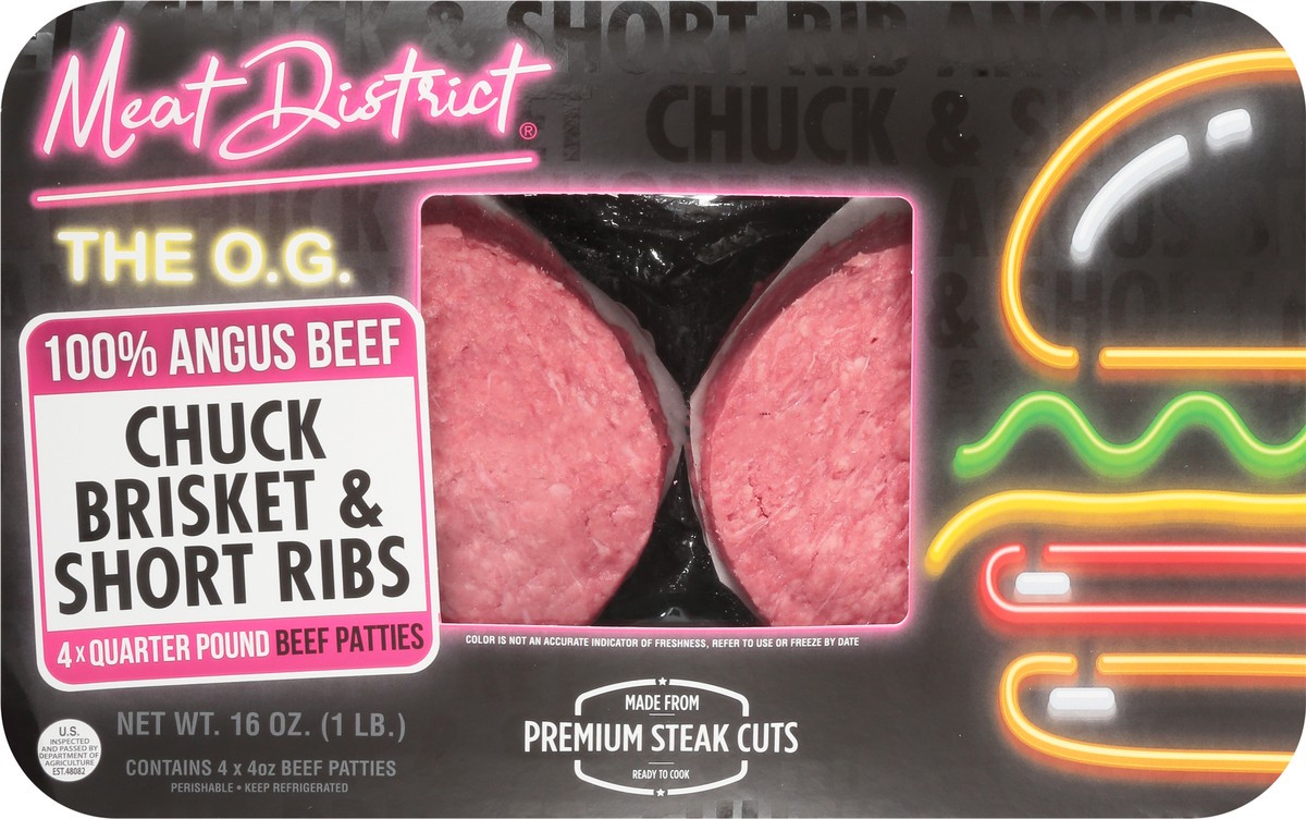 slide 4 of 7, Meat District 100% Angus Beef Chuck Brisket & Short Ribs Beef Patties 4 ea, 16 oz
