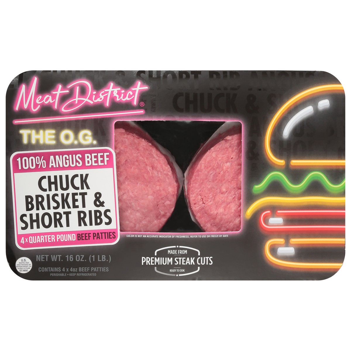 slide 1 of 7, Meat District 100% Angus Beef Chuck Brisket & Short Ribs Beef Patties 4 ea, 16 oz