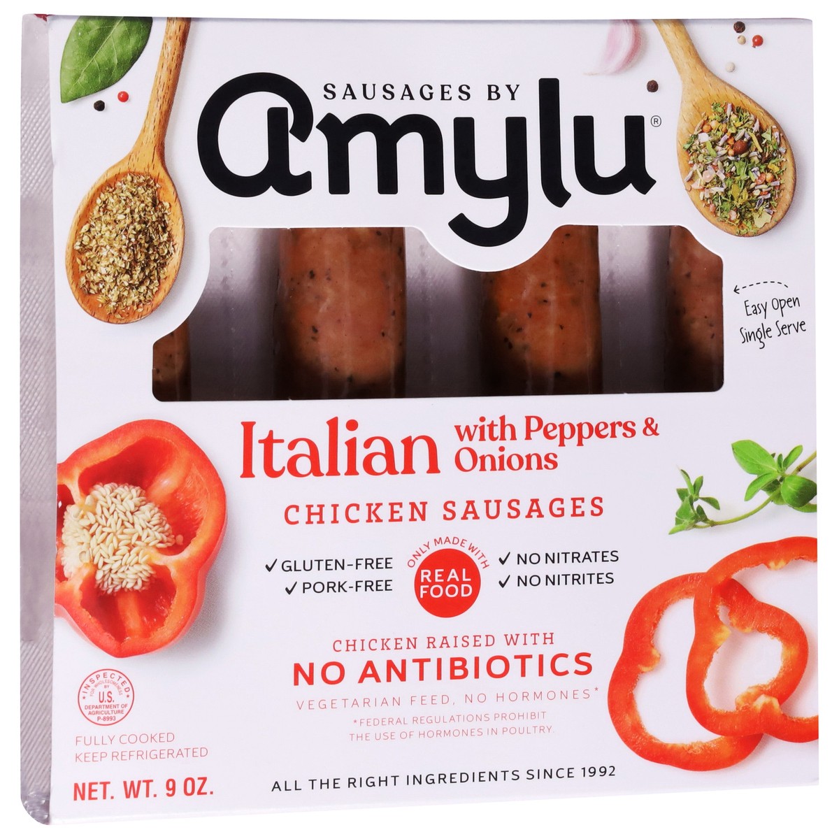 slide 2 of 9, Amylu Foods Italian with Peppers & Onions Chicken Sausages 9 oz, 9 oz