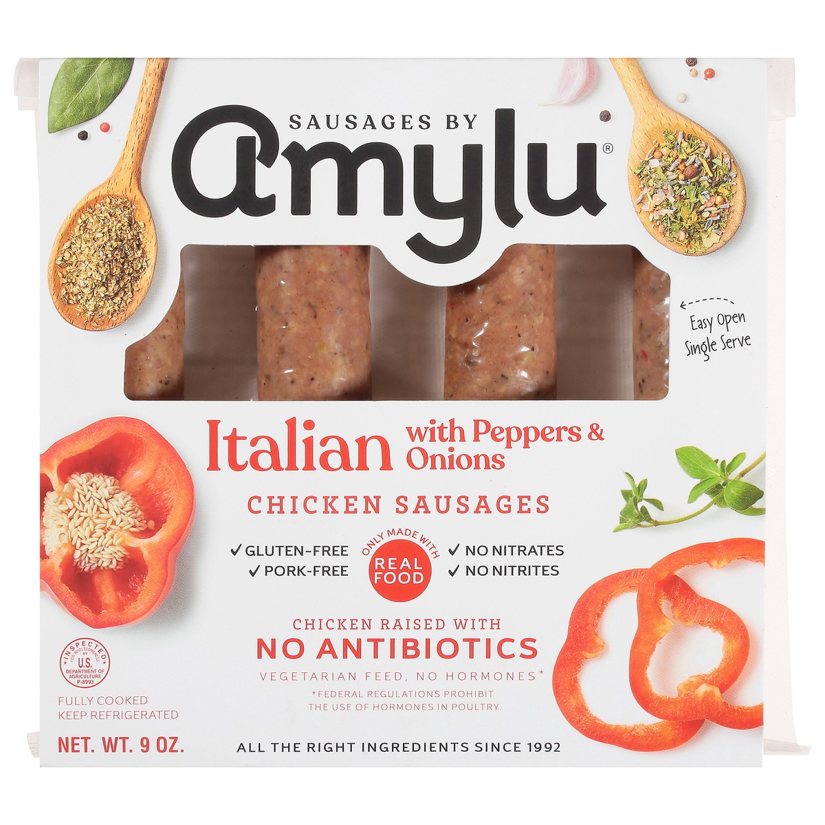 slide 1 of 9, Amylu Foods Italian with Peppers & Onions Chicken Sausages 9 oz, 9 oz