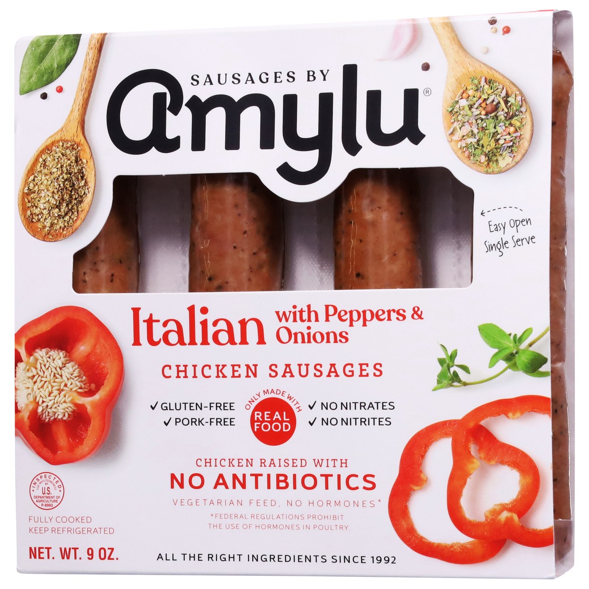 slide 6 of 9, Amylu Foods Italian with Peppers & Onions Chicken Sausages 9 oz, 9 oz