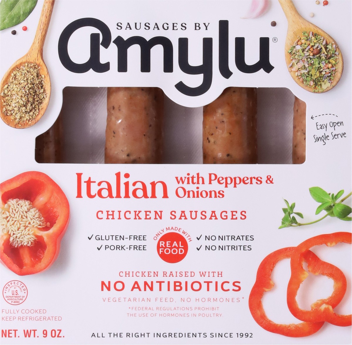 slide 3 of 9, Amylu Foods Italian with Peppers & Onions Chicken Sausages 9 oz, 9 oz