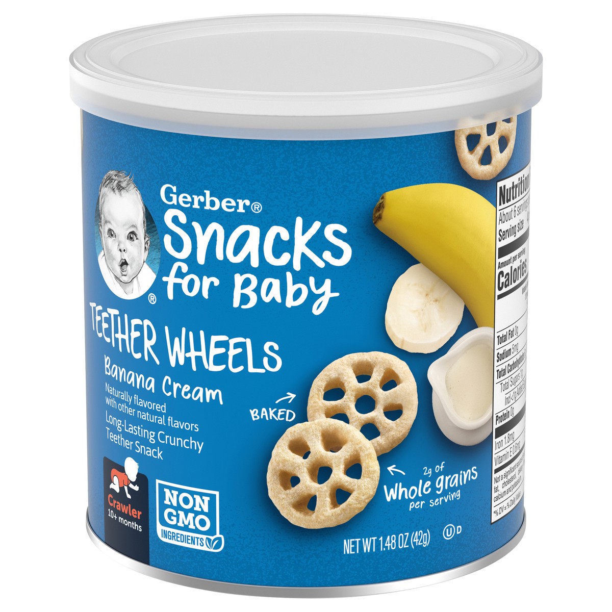 slide 3 of 9, Gerber Snacks for Baby Teether Wheels, Banana Cream, 1.48 oz Canister, 1.48 oz