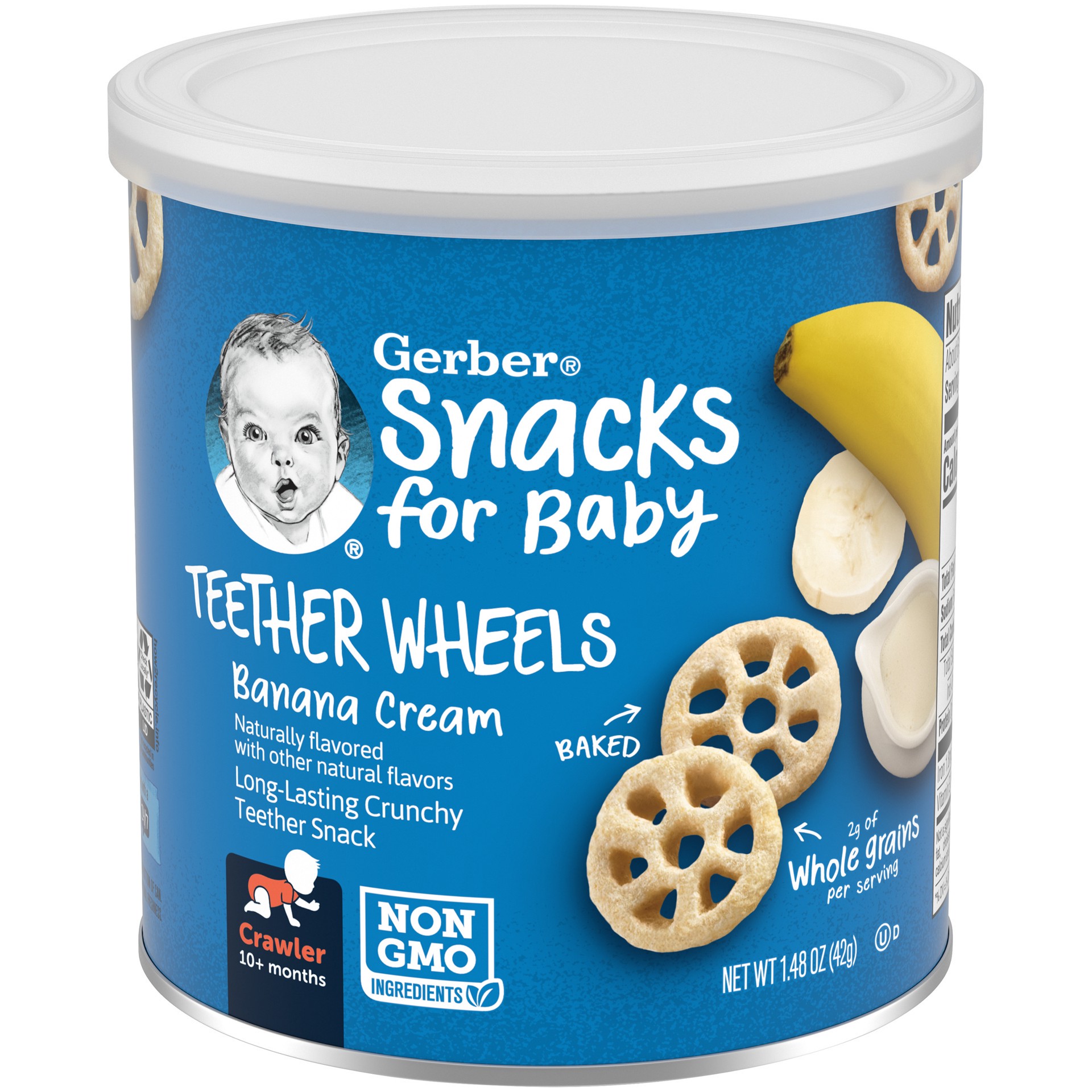 slide 1 of 9, Gerber Snacks for Baby Teether Wheels, Banana Cream, 1.48 oz Canister, 1.48 oz