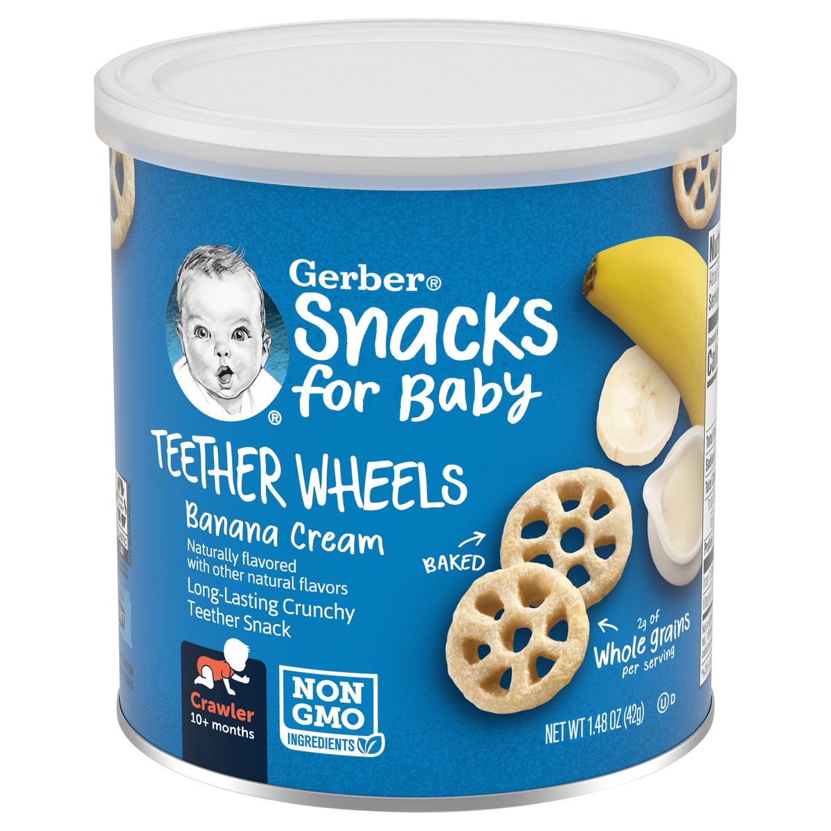 slide 1 of 9, Gerber Snacks for Baby Teether Wheels Banana Cream 1.48 oz Snacks Canister, 1.48 oz