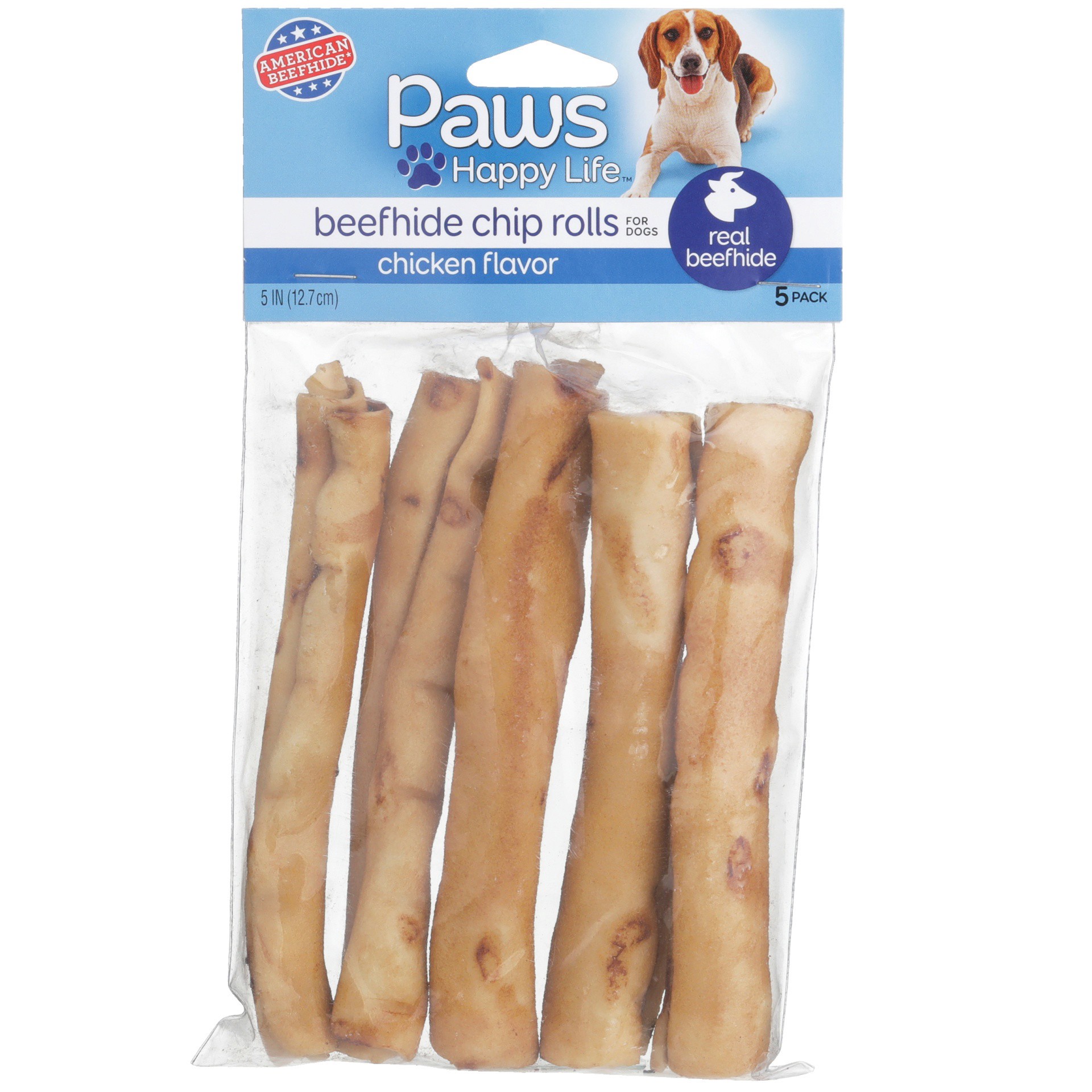 slide 1 of 6, Paws Happy Life Chicken Flavor Beefhide Chip Rolls For Dogs, 5 ct