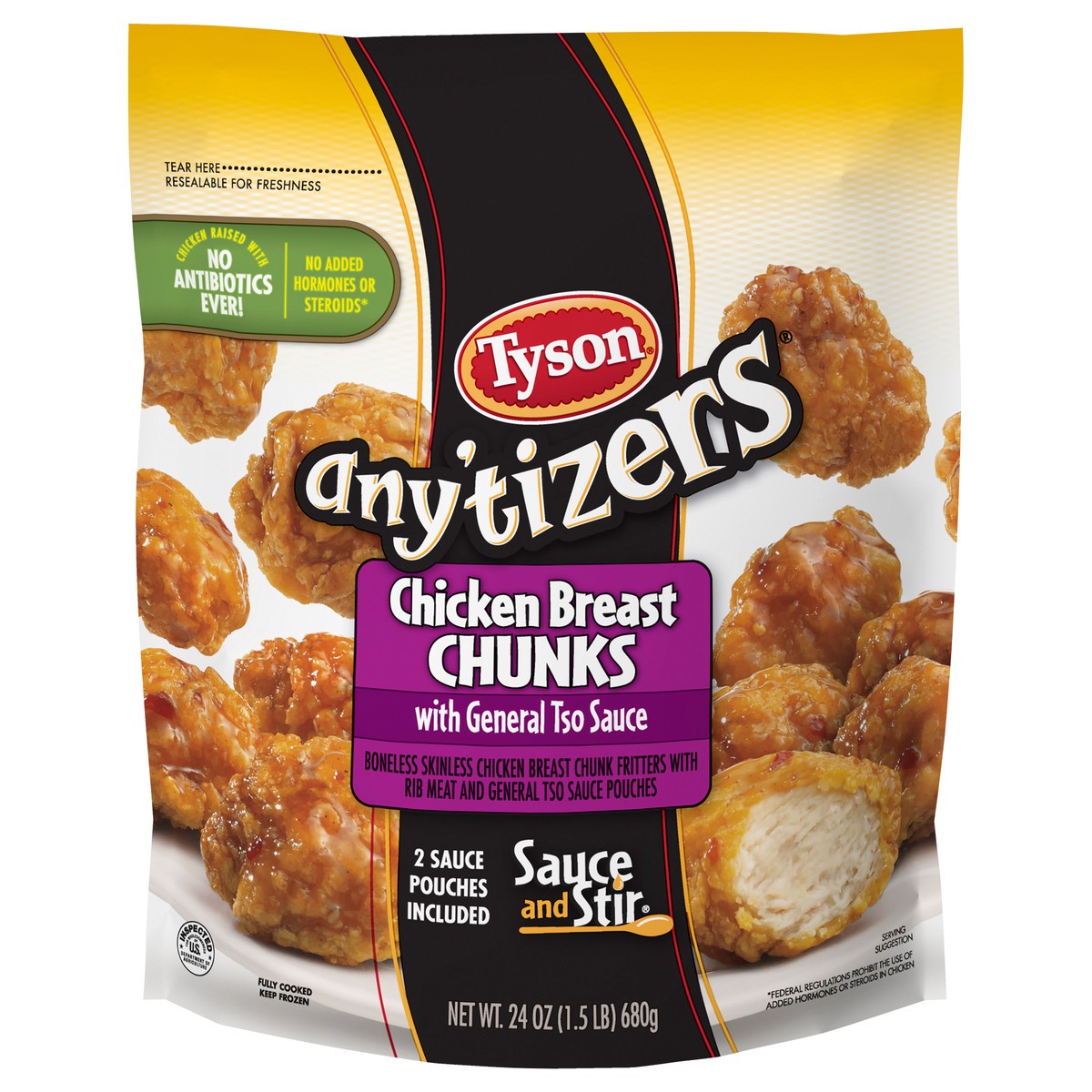 slide 1 of 11, TYSON ANYTIZERS Tyson Any'tizers Boneless Chicken Bites with General Tso Sauce, 1.5 lb. (Frozen), 26 oz