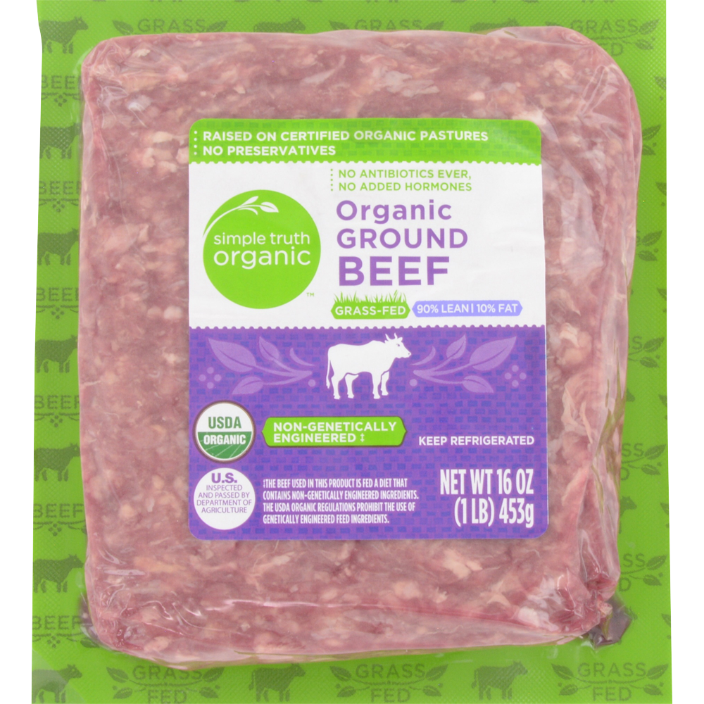 slide 1 of 2, Simple Truth Organic Ground Beef 90% Lean 100% Grass Fed, 16 oz