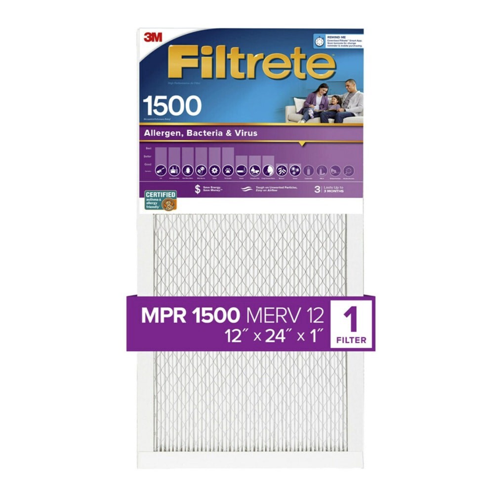 slide 1 of 6, Filtrete Allergen Bacteria & Virus Furnace Ac Air Filter 1500 Mpr, 12 in x 24 in