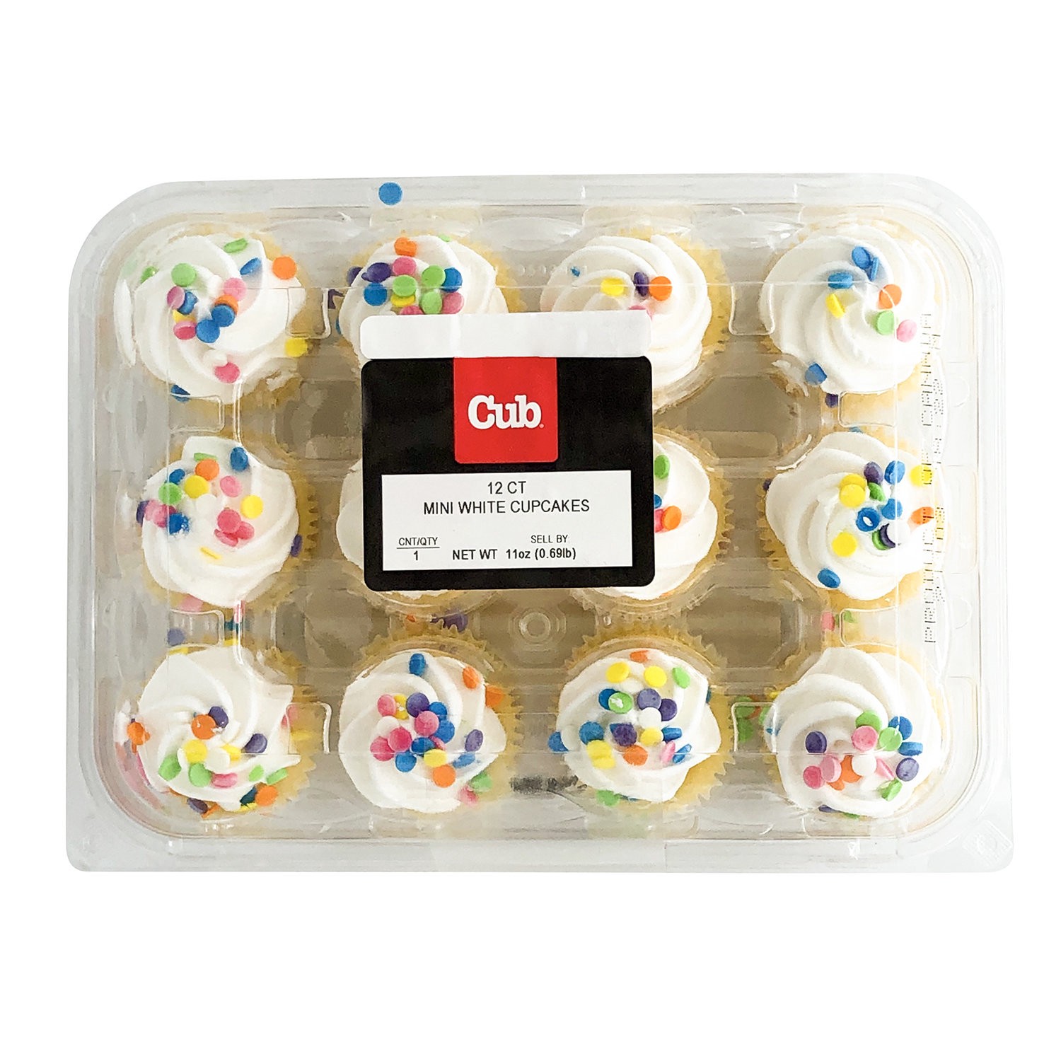 slide 1 of 1, Cub Bakery Mini White Cupcakes 12Ct White Bttrcrm W/Sprnkl, 1 Each, 1 ct