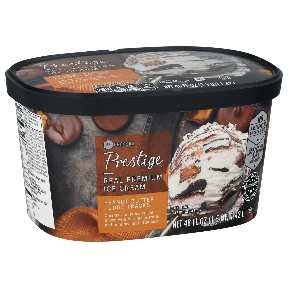 slide 3 of 9, Prestige Real Premium Ice Cream Peanut Butter Fudge Tracks, 48 oz