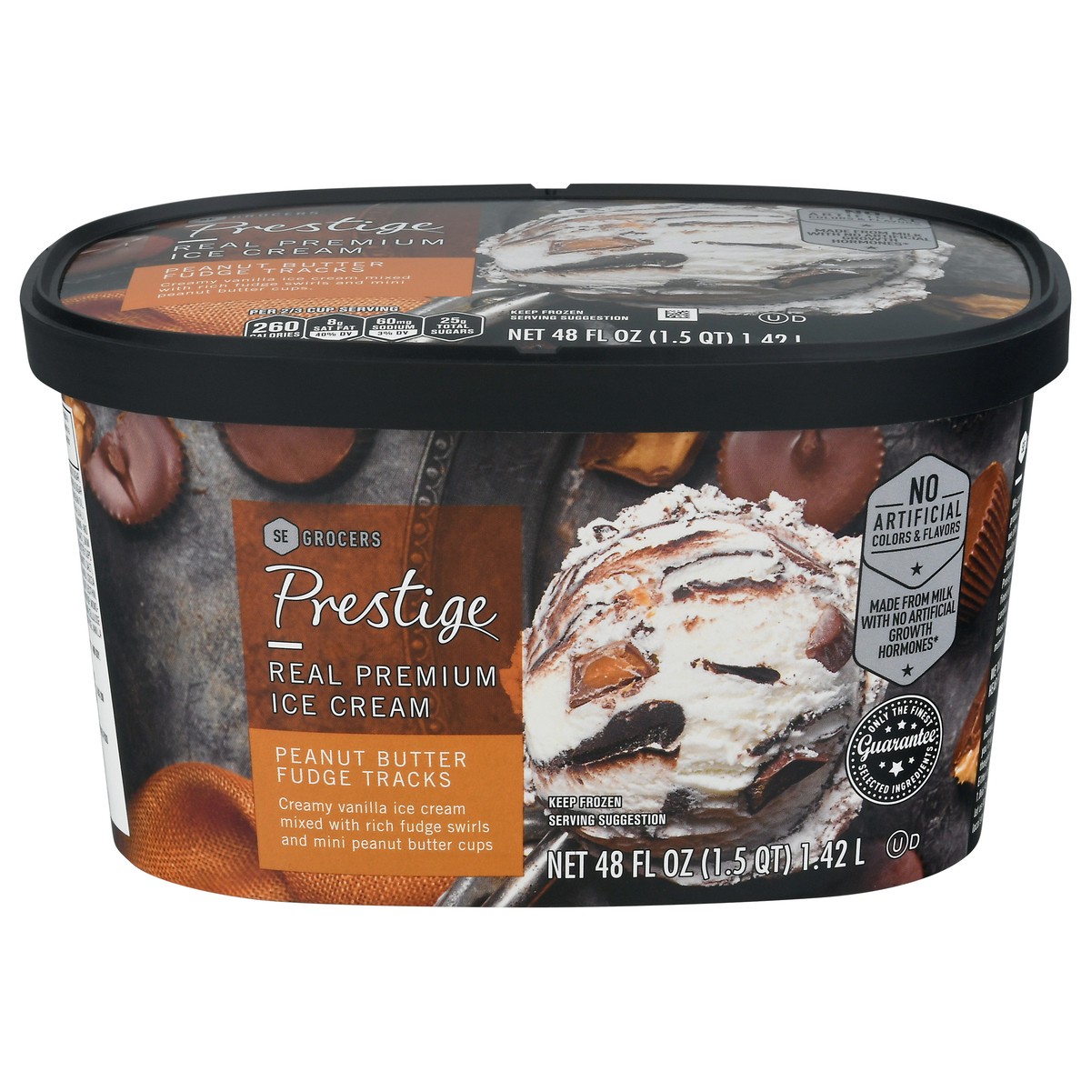 slide 1 of 9, Prestige Real Premium Ice Cream Peanut Butter Fudge Tracks, 48 oz