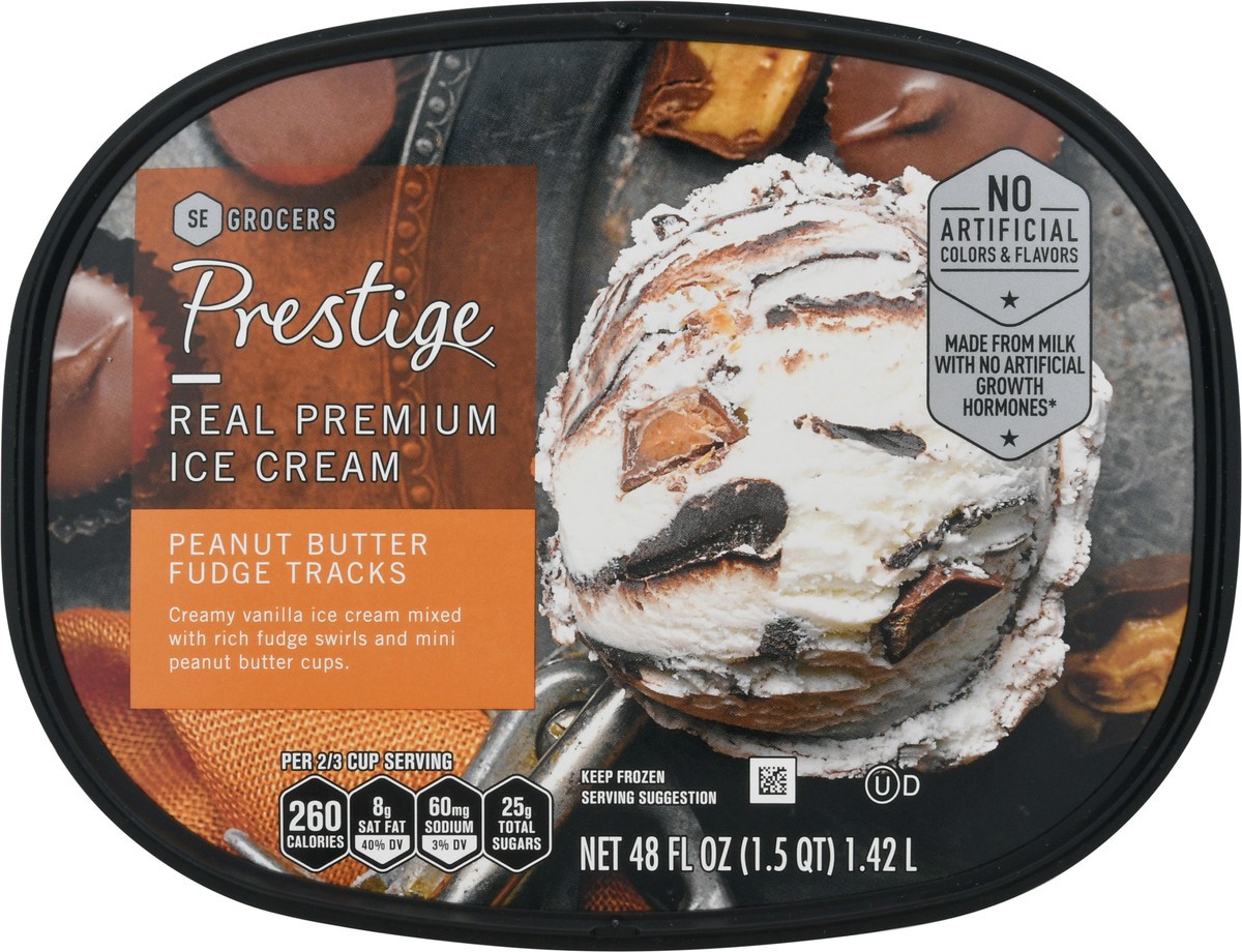 slide 2 of 9, Prestige Real Premium Ice Cream Peanut Butter Fudge Tracks, 48 oz