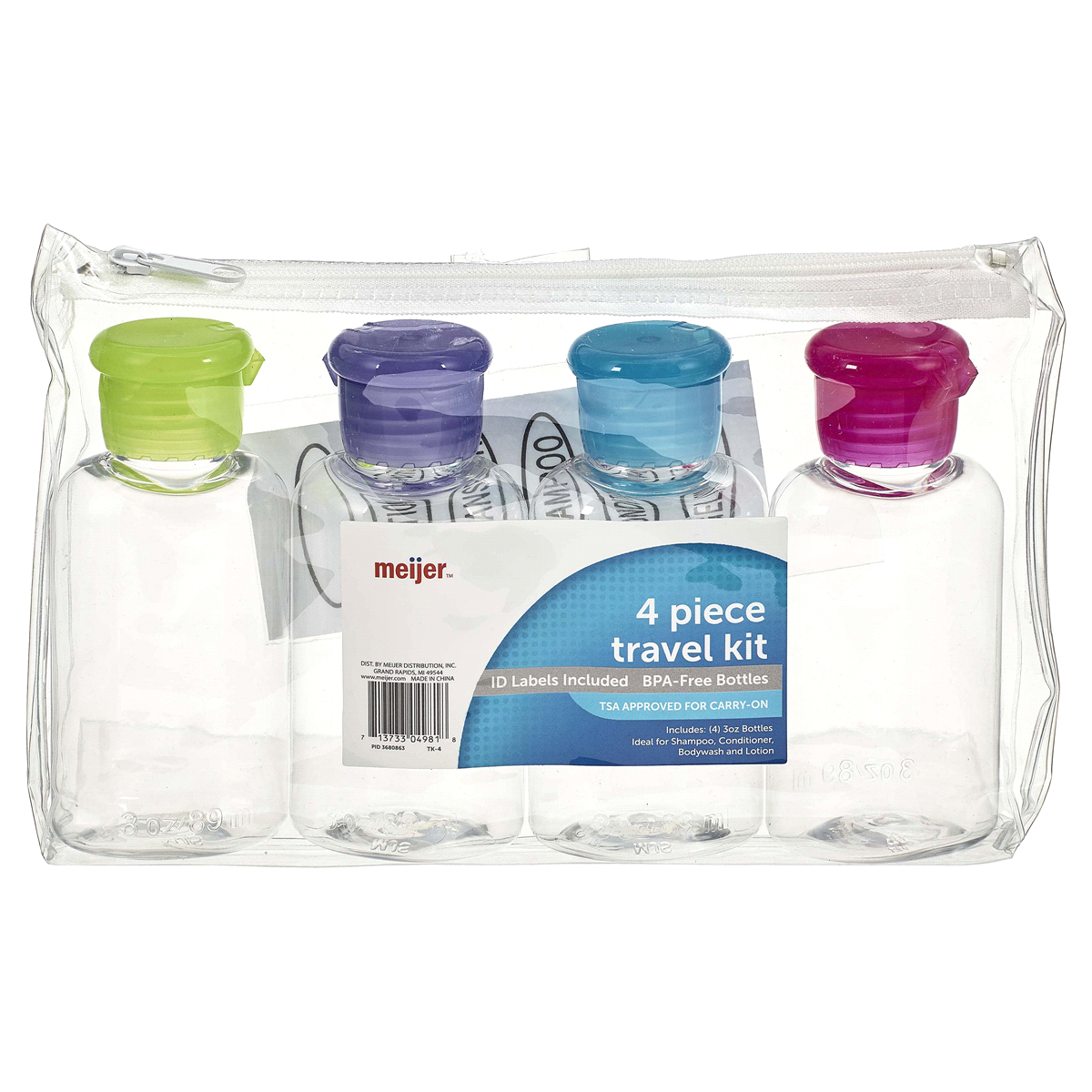 slide 1 of 1, Meijer Bottles Travel Kit, Clear with Assorted Colorful Tops, 4 ct