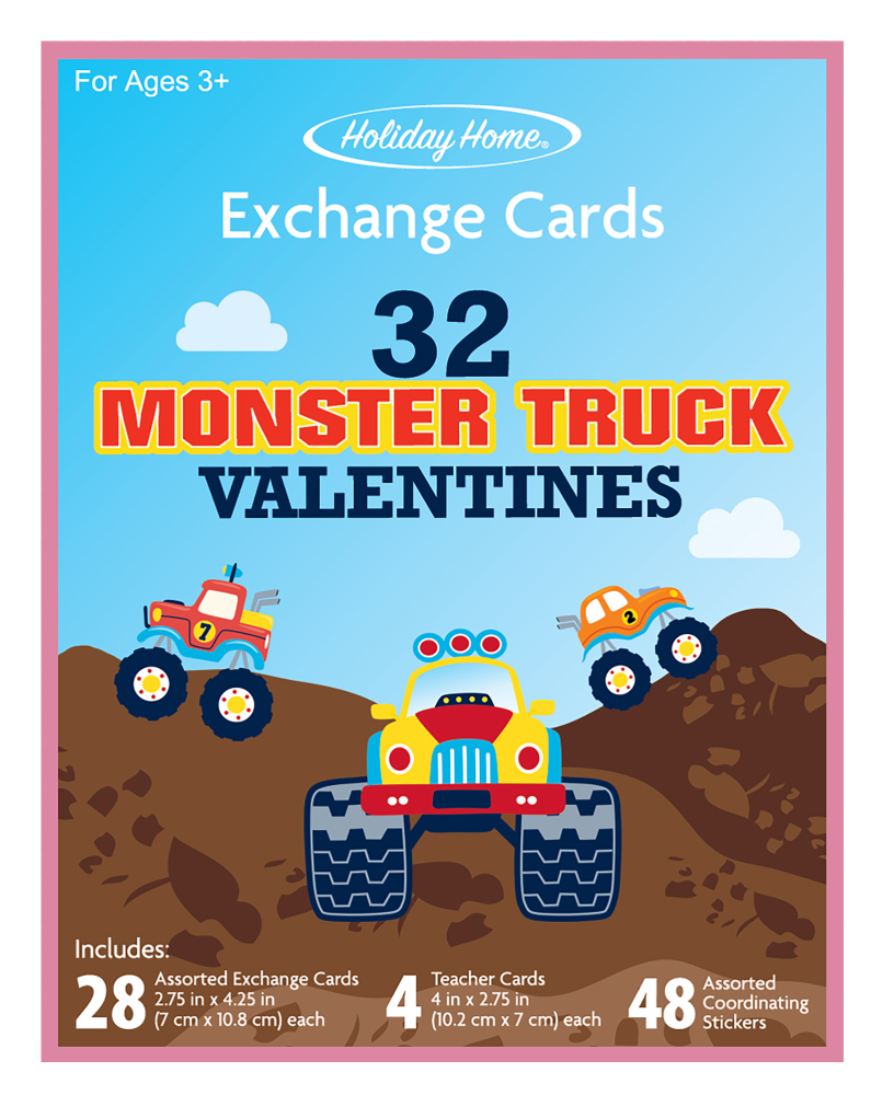 slide 1 of 1, Holiday Home Monster Truck Valentine's Exchange Card Kit, 32 ct