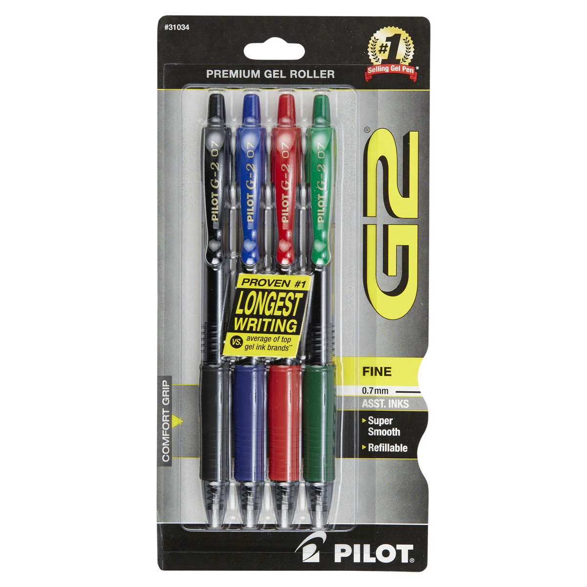 Pilot G2 Retractable Gel Pen, Fine Point 0.7mm, Assorted Ink Colors, 20 ct