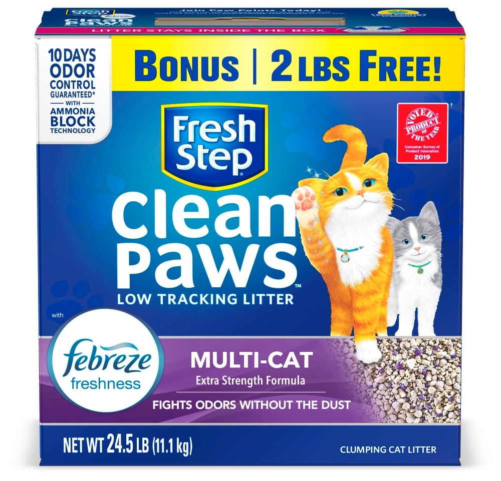 slide 1 of 1, Fresh Step Clean Paws Multi-Cat Febreze Scented Clumping Cat Litter, 24.5 lb