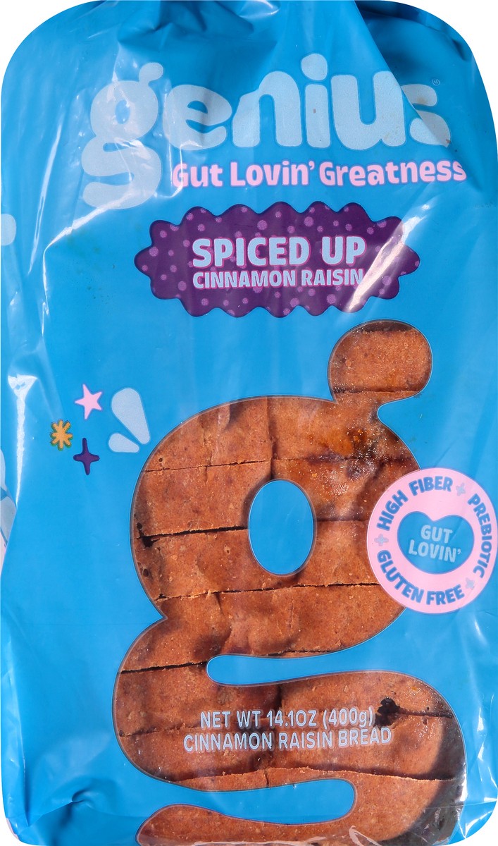 slide 5 of 9, Genius Bread, Cinnamon Raisin, Spiced Up, 14.1 oz