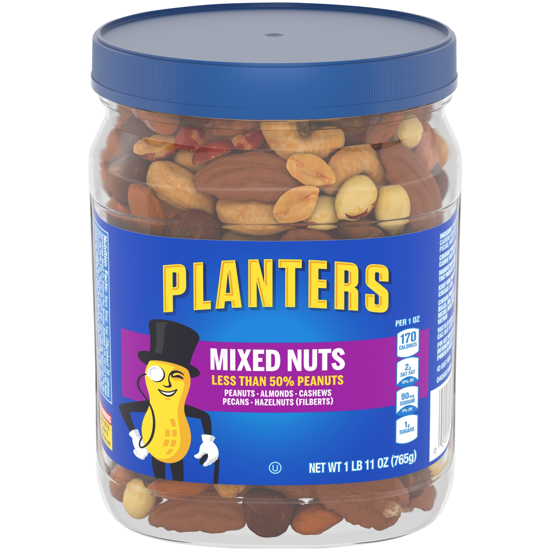 slide 1 of 14, Planters Mixed Nuts Less Than 50% Peanuts with Peanuts, Almonds, Cashews, Pecans & Hazelnuts, 27 oz