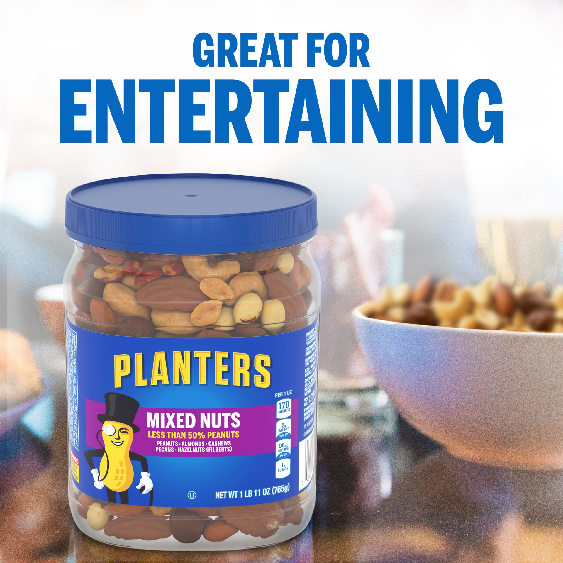 slide 3 of 14, Planters Mixed Nuts Less Than 50% Peanuts with Peanuts, Almonds, Cashews, Pecans & Hazelnuts, 27 oz