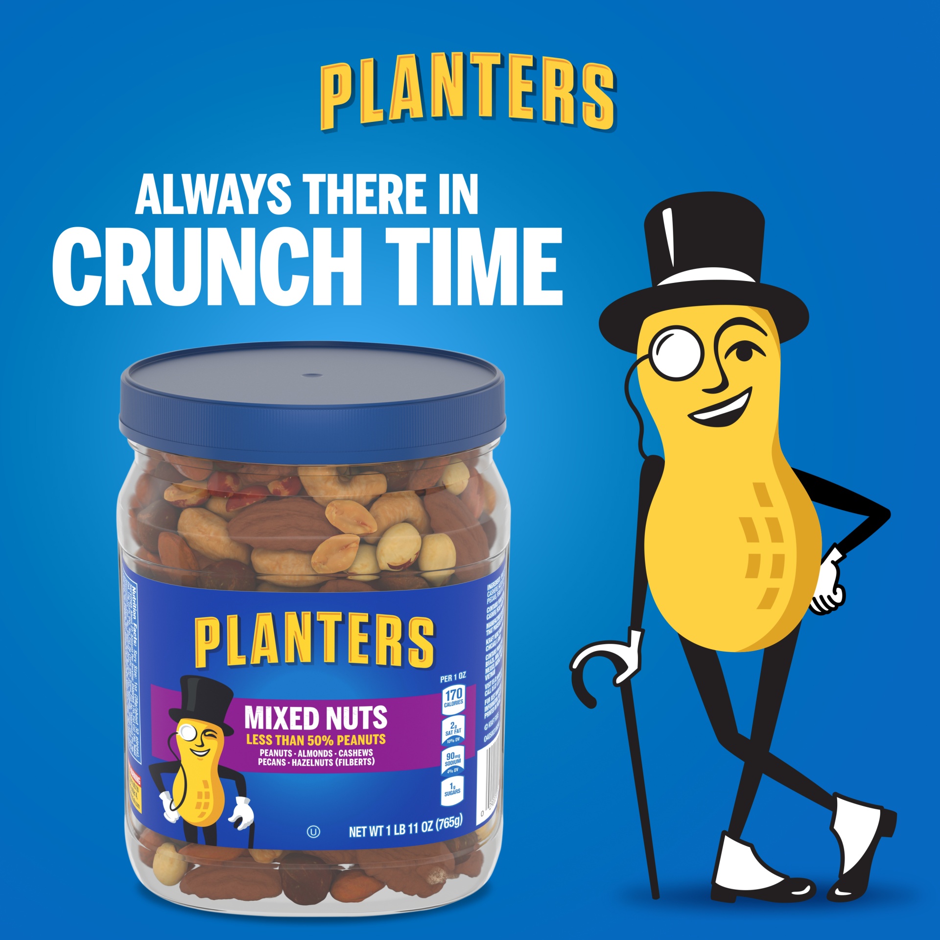slide 6 of 14, Planters Mixed Nuts Less Than 50% Peanuts with Peanuts, Almonds, Cashews, Pecans & Hazelnuts, 27 oz
