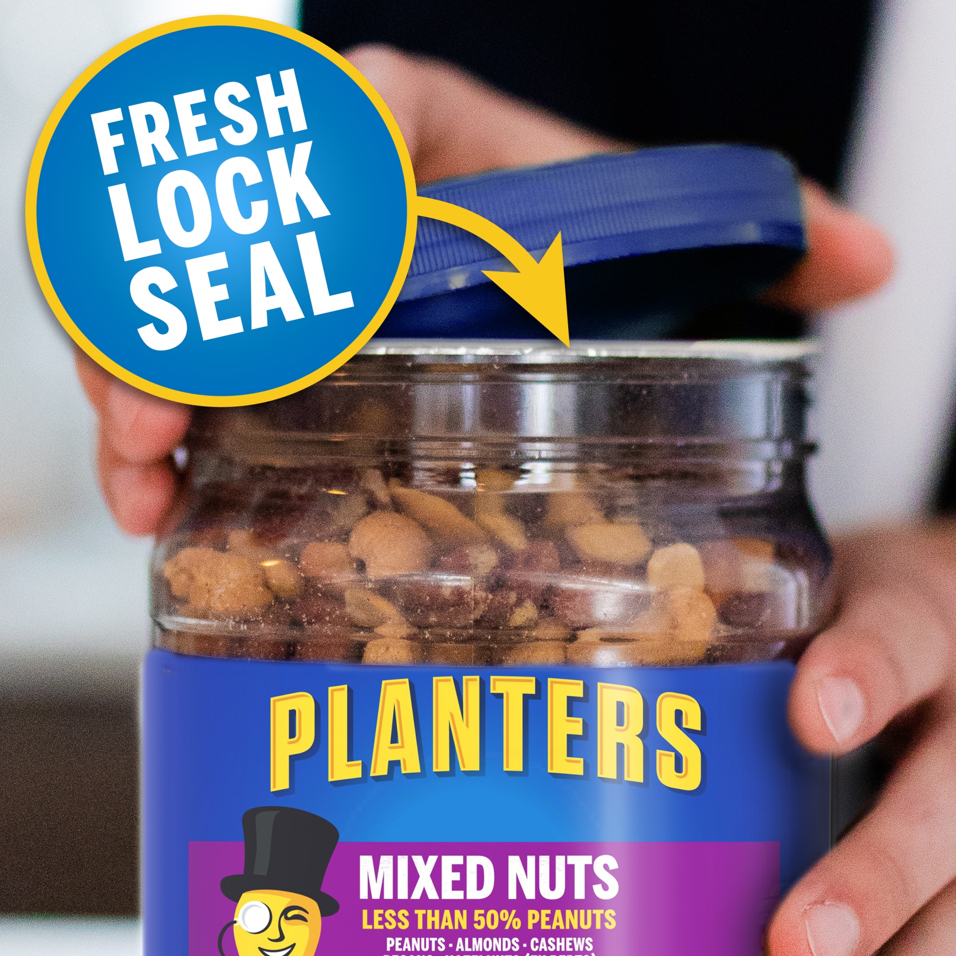 slide 8 of 14, Planters Mixed Nuts Less Than 50% Peanuts with Peanuts, Almonds, Cashews, Pecans & Hazelnuts, 27 oz