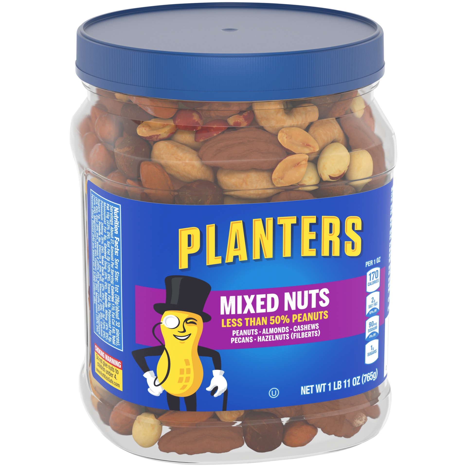 slide 10 of 14, Planters Mixed Nuts Less Than 50% Peanuts with Peanuts, Almonds, Cashews, Pecans & Hazelnuts, 27 oz